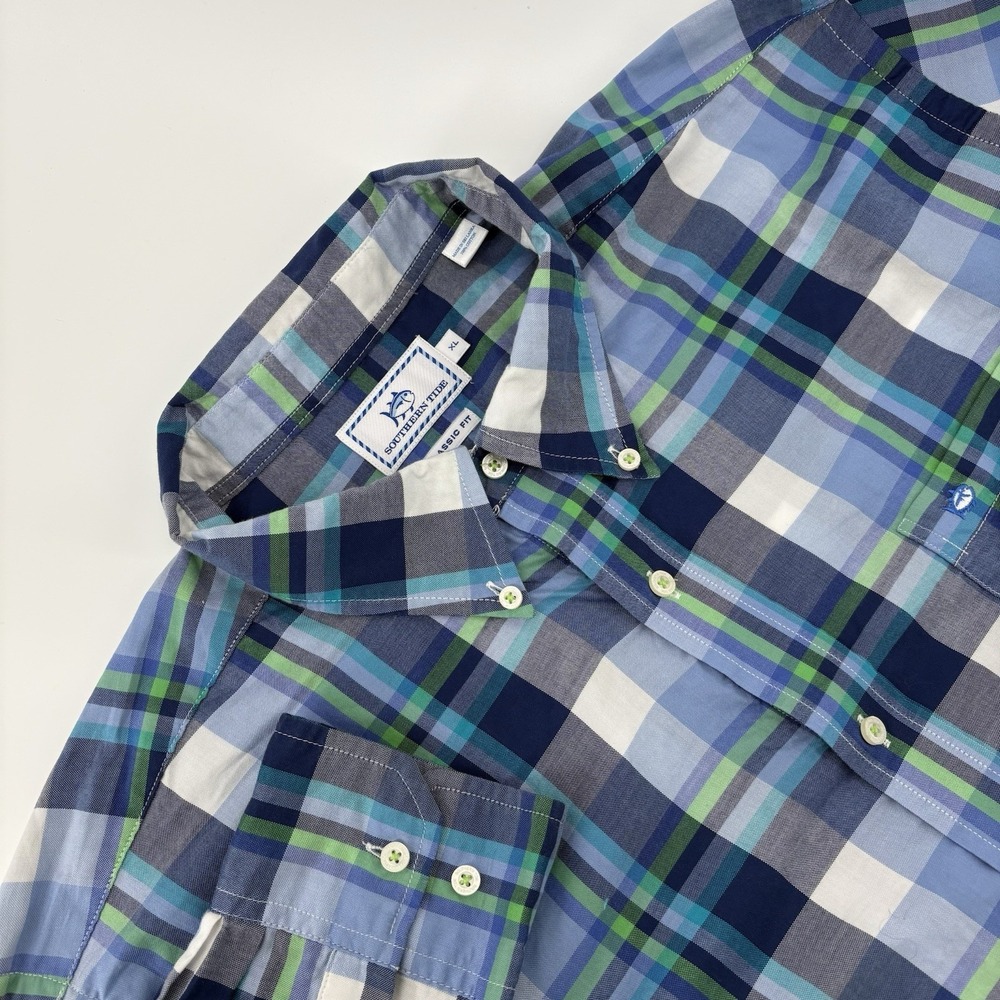 Southern Tide Classic Fit Men's Embroidered Pocket Logo Blue Plaid Cotton XL
